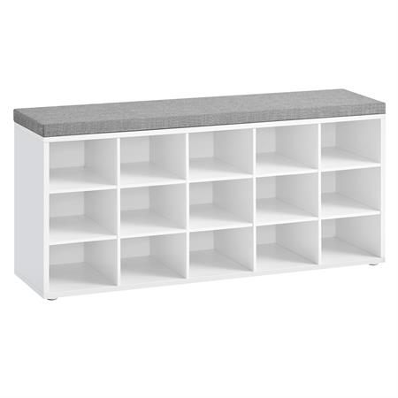 Banc à chaussures assise rembourrée et 15 compartiments blanc et gris