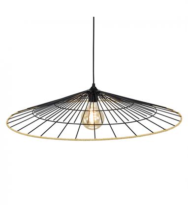 Suspension grand modèle en métal noir et rotin naturel