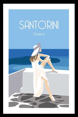 Affiche voyage le bleu de Santorin avec cadre noir 20x30 cm