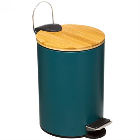 Poubelle salle de bain métal vert pétrole couvercle bambou - 3L