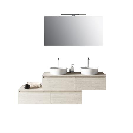 Meuble de salle de bain 8 pièces double vasque en mélamine bois beige