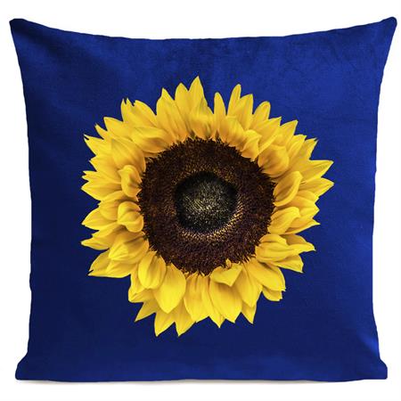Coussin floral tournesol suédine bleu 40x40cm