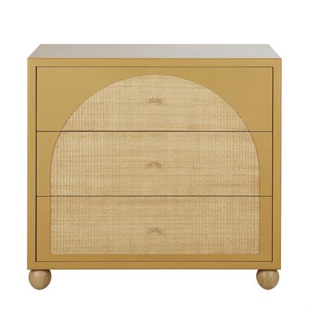 Commode haute 3 tiroirs ocre et rotin tressé