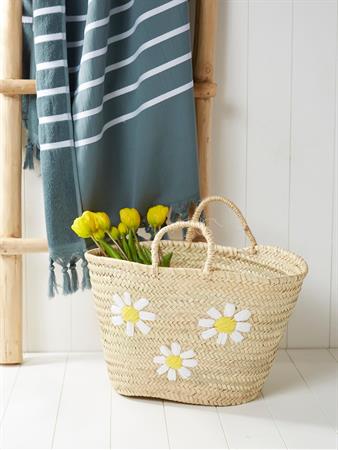 'Panier de plage marguerites'' en paille naturel'''