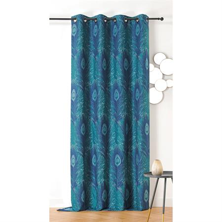 Rideau imprimé plumes de paon polyester bleu 140x240 cm
