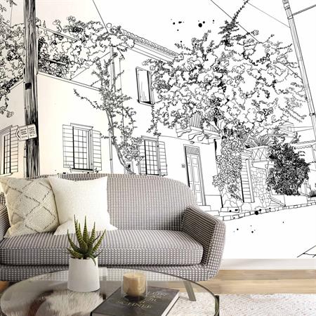 Papier peint panoramique village en fleurs noir et blanc 525x250cm