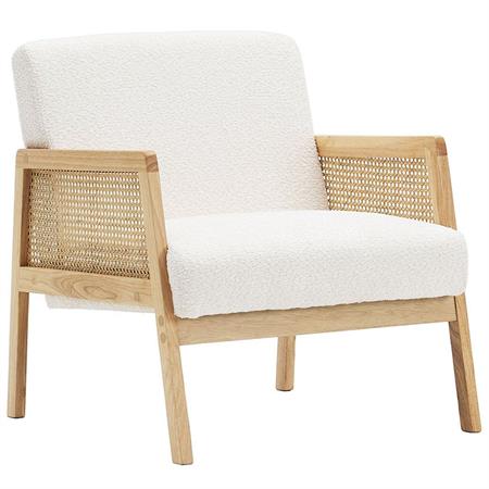 Fauteuil en cannage et tissu bouclé écru