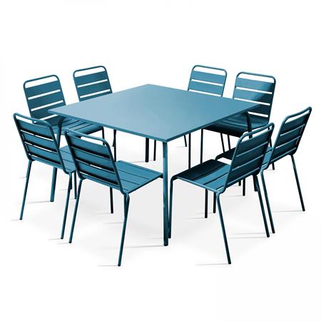 Ensemble table de jardin et 8 chaises en métal bleu pacific