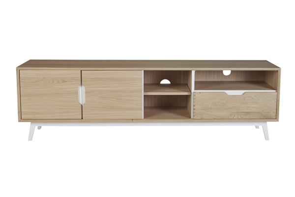 Meuble TV bas nordique en bois 3 portes 3 niches blanc