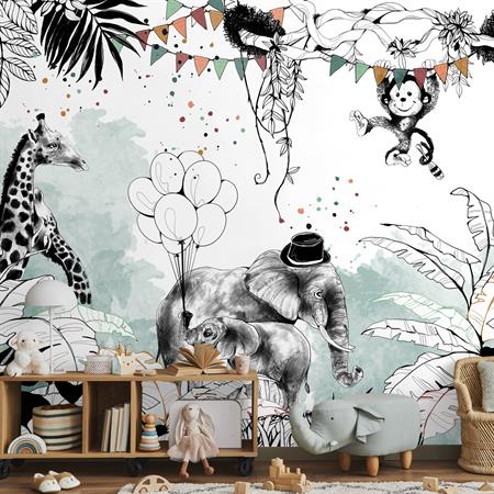 Papier peint panoramique enfant cirque de la jungle 255 x 250 cm