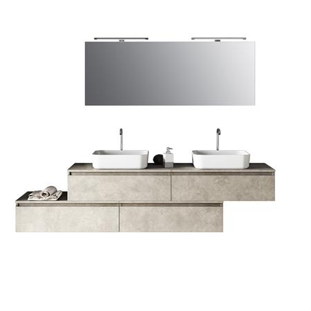 Meuble salle de bain 9 pièces double vasque en mélamine beige pierre
