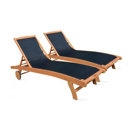 Lot de 2 bain de soleil en bois et textilène noir