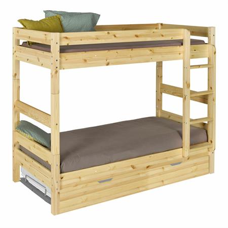 Pack lit superposé gigogne avec matelas bois massif 90x190 cm