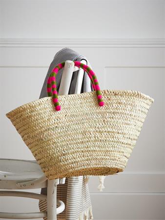 Panier de plage en paille naturel/kaki/fuchsia