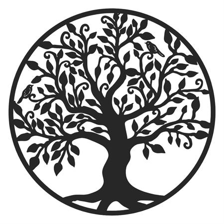 Déco murale arbre de vie et oiseaux cercle en métal noir 60 cm