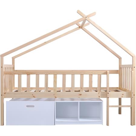 Lit enfant cabane beige et blanc pin massif sommier 190x90cm