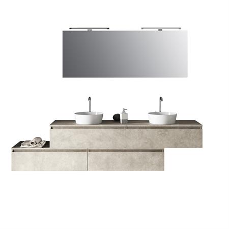 Meuble salle de bain 9 pièces double vasque en mélamine beige pierre