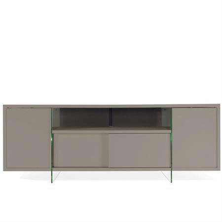Meuble TV design MARCO POLO 180cm Gris Taupe  portes coulissantes et piètement en verre
