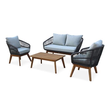 Salon de jardin en bois et corde tressée 4 personnes gris