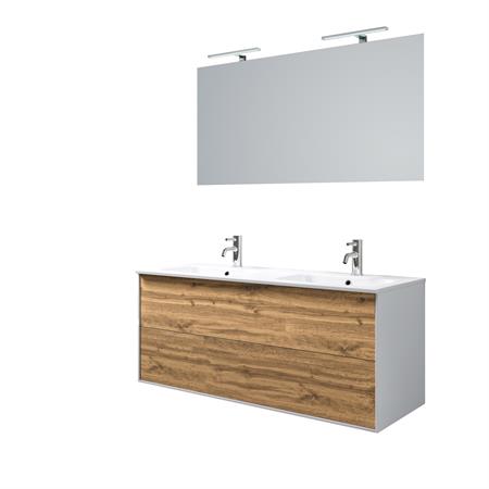 Meuble de salle de bain 5 pièces double vasque en mélamine chêne miel