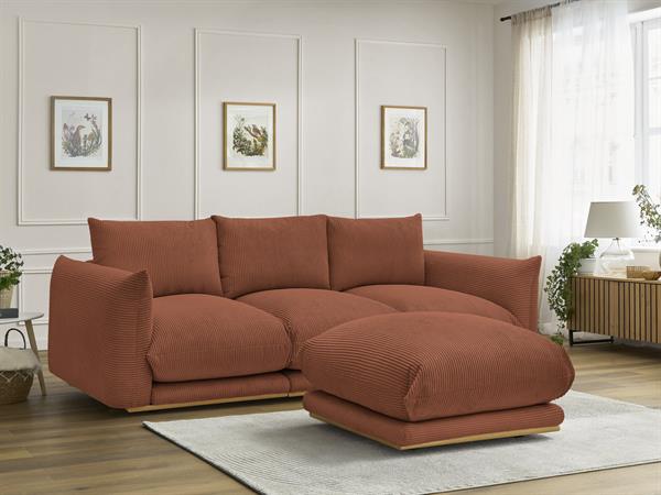 Canapé droit fixe 3 places ERNEST tissu velours côtelé avec pouf orange   BOBOCHIC