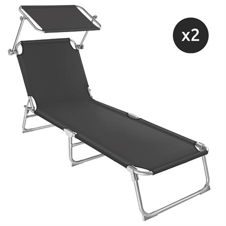 Lot de 2 transats pliables en acier dossier réglable 4 positions noir