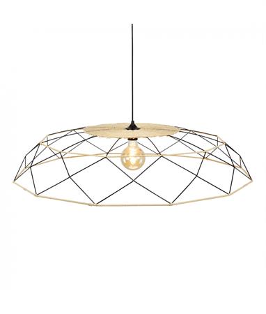 Suspension grand modèle en métal noir et rotin naturel