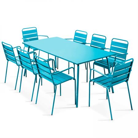 Ensemble table de jardin et 8 fauteuils en métal bleu